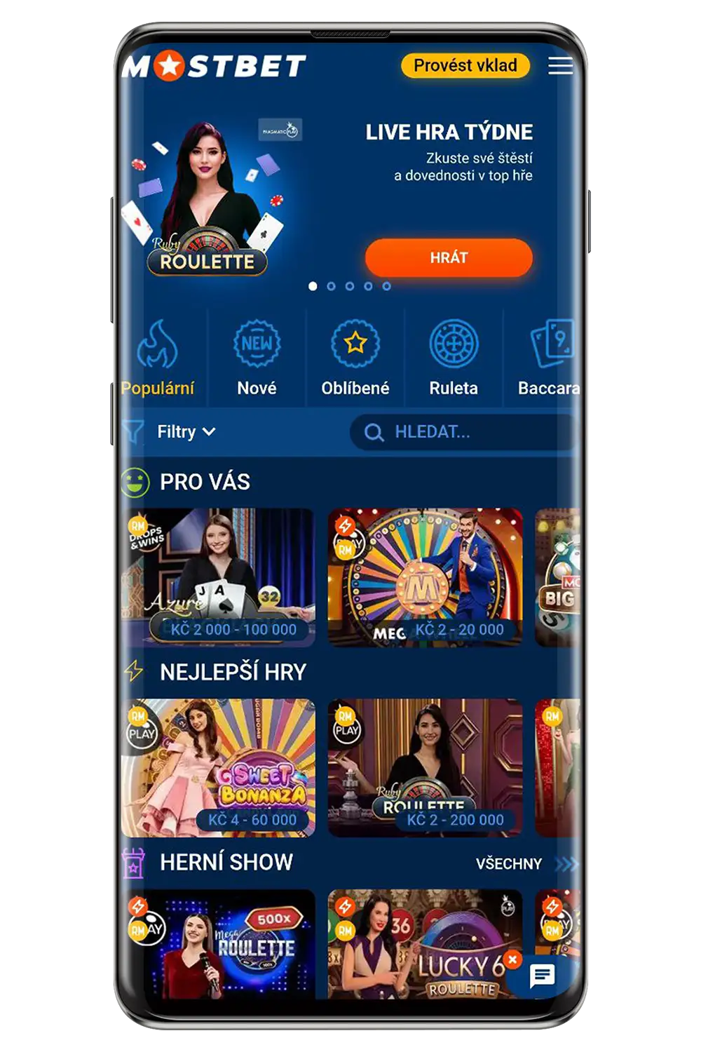 Rozhraní sázkové kanceláře Mostbet na mobilním zařízení
